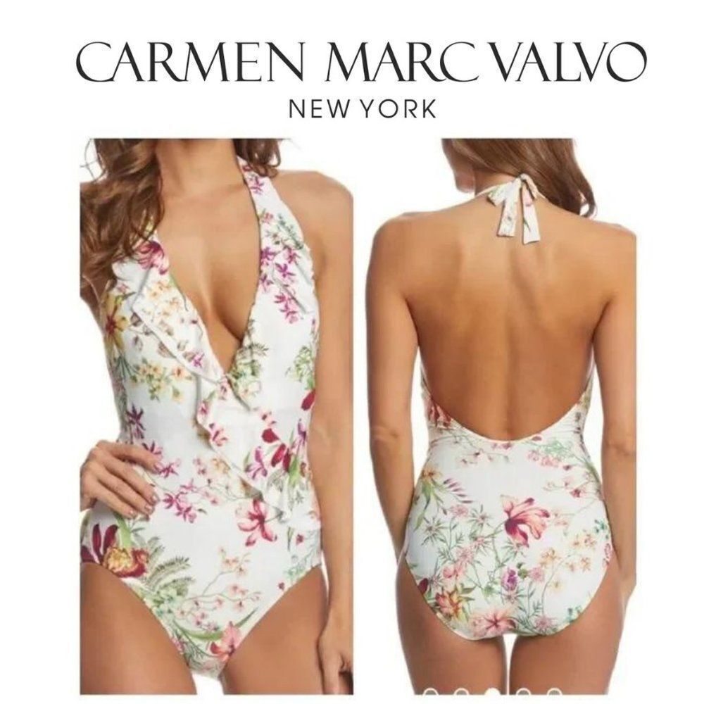 Carmen Marc valvo ruffle floral plunge Swimsuit Swimwear sz 14